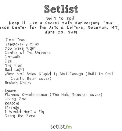 Get the <strong>Built to Spill Setlist</strong> of the concert at The Underground, Charlotte, NC, USA on April 14, 2023 from the USA Tour 2023 Tour and other <strong>Built to Spill Setlists</strong> for free on <strong>setlist. . Built to spill setlist